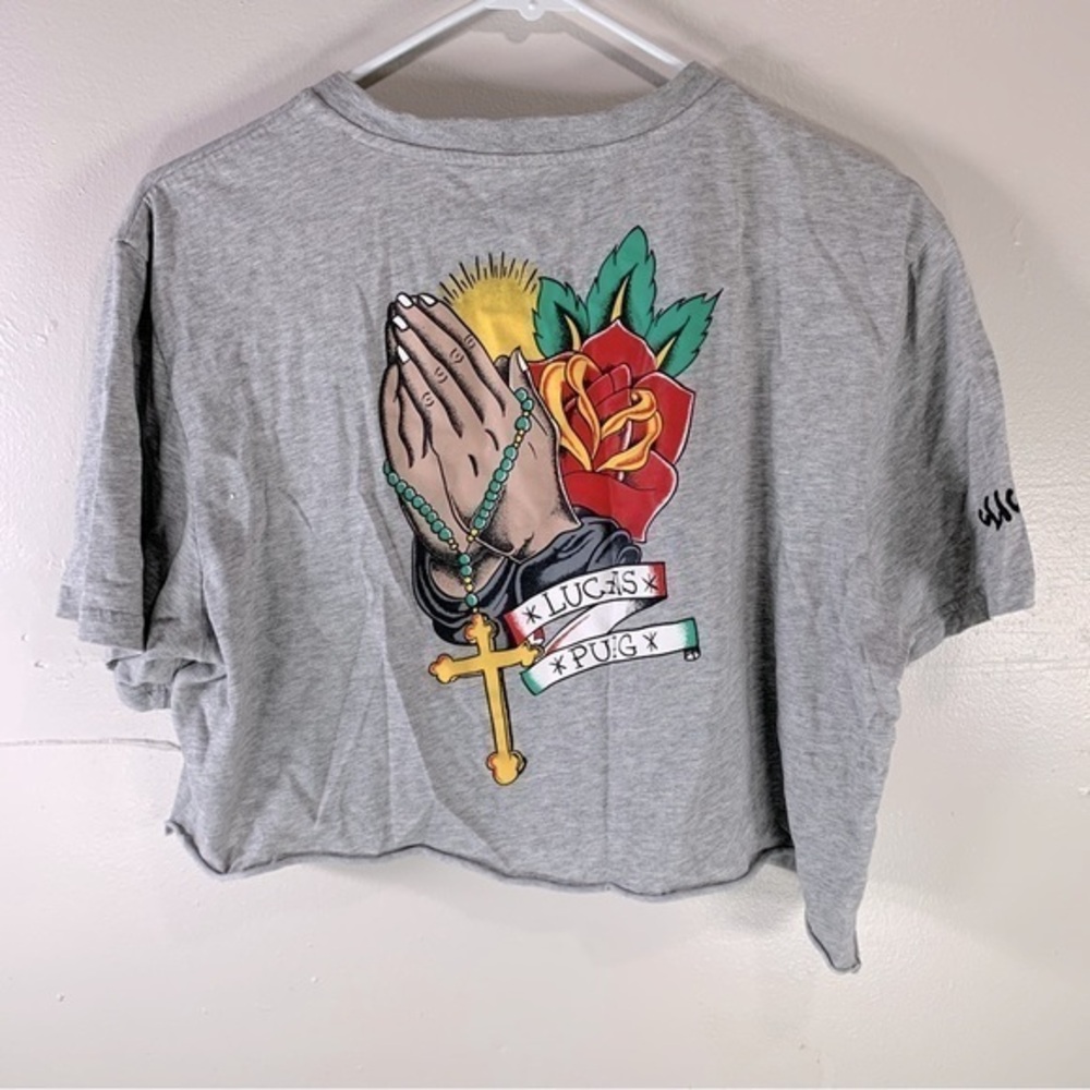 Adidas skateboarding cropped T-shirt Lucas Puig Graphic praying hands rosary tee